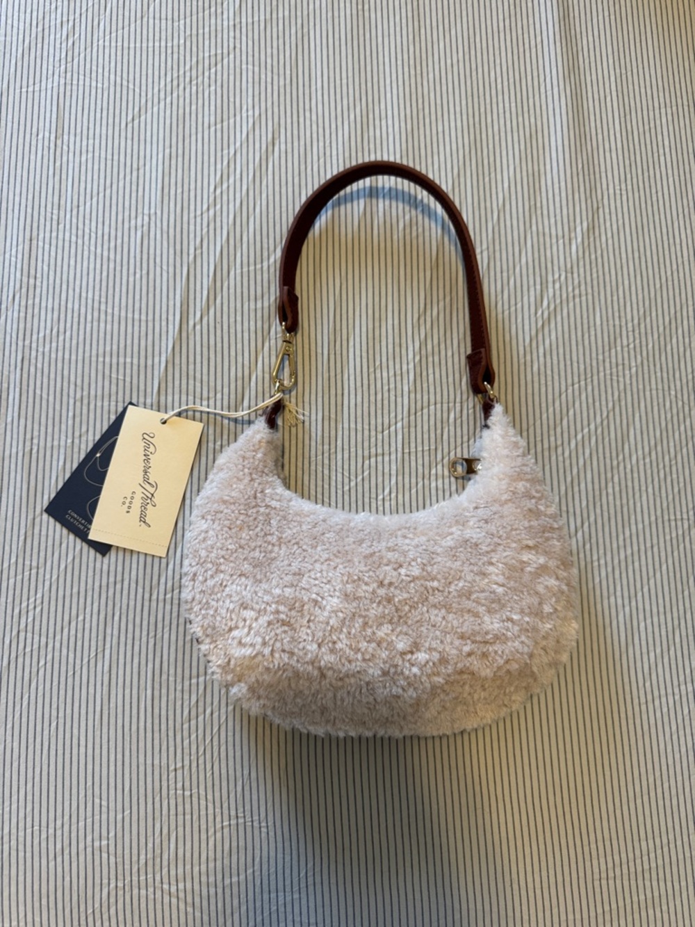 Universal Thread Cream Faux Shearling Shoulder Bag with Brown Strap